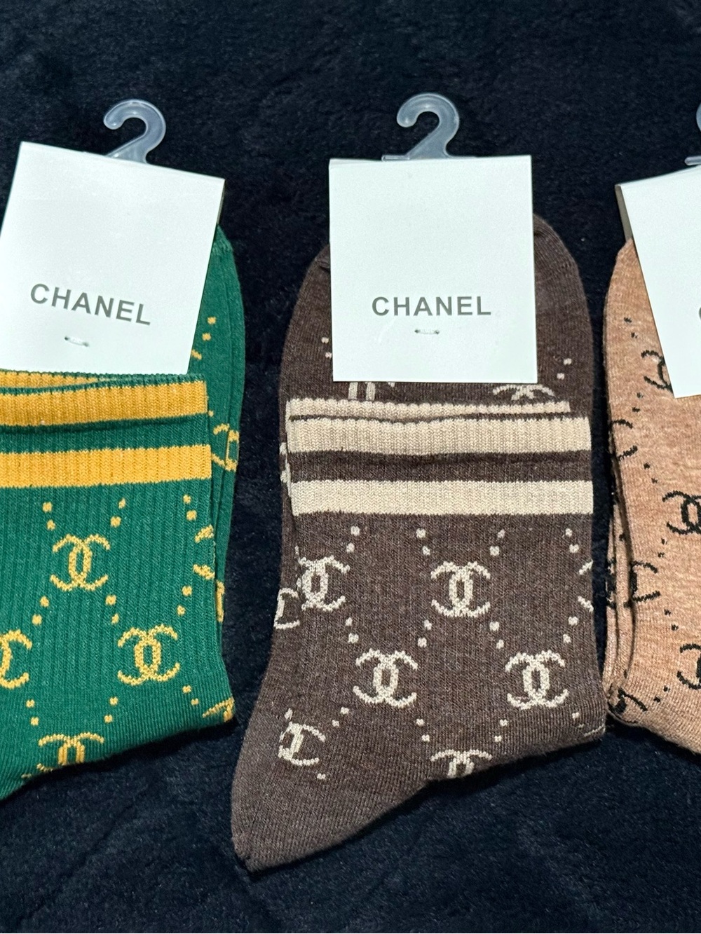 CHANEL Brown Logo Knit Crew Socks - kids